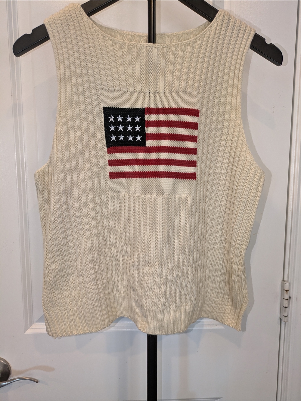 American Flag Sweater Vest Large Cream Patriotic Knit Sleeveless USA
